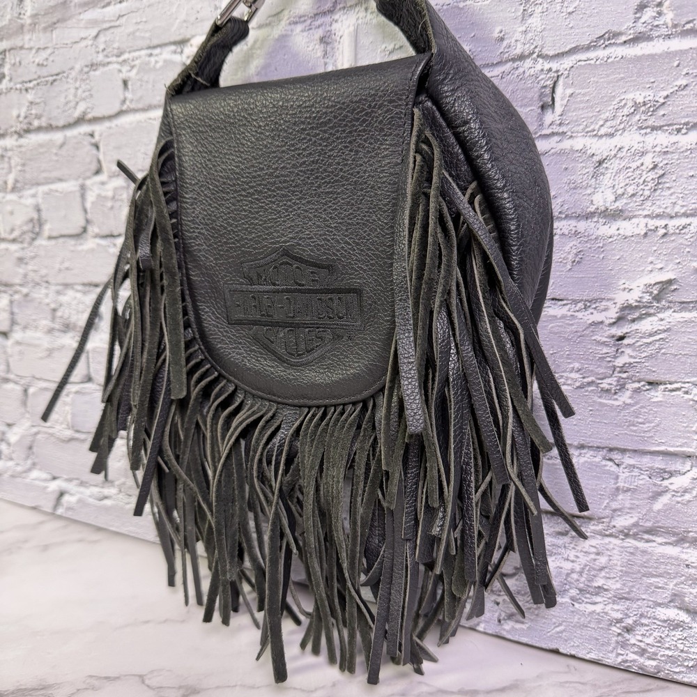 Vintage Harley Davidson Leather Fringe Hip Bag Purse Black Shoulder Bag No Strap - Picture 4 of 15